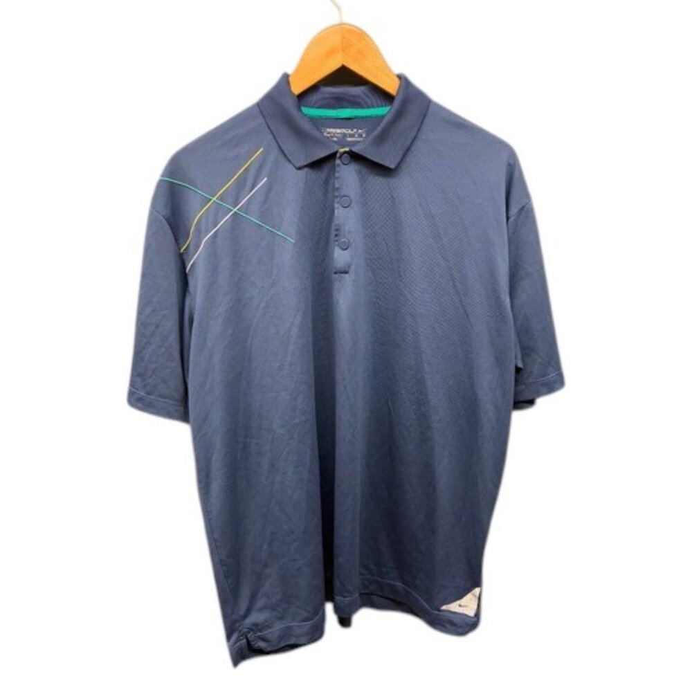 Nike Golf Polo Shirt Men's Large Blue Dri-FIT Performance Embroidered Striped‎
